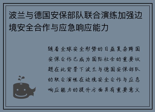 波兰与德国安保部队联合演练加强边境安全合作与应急响应能力